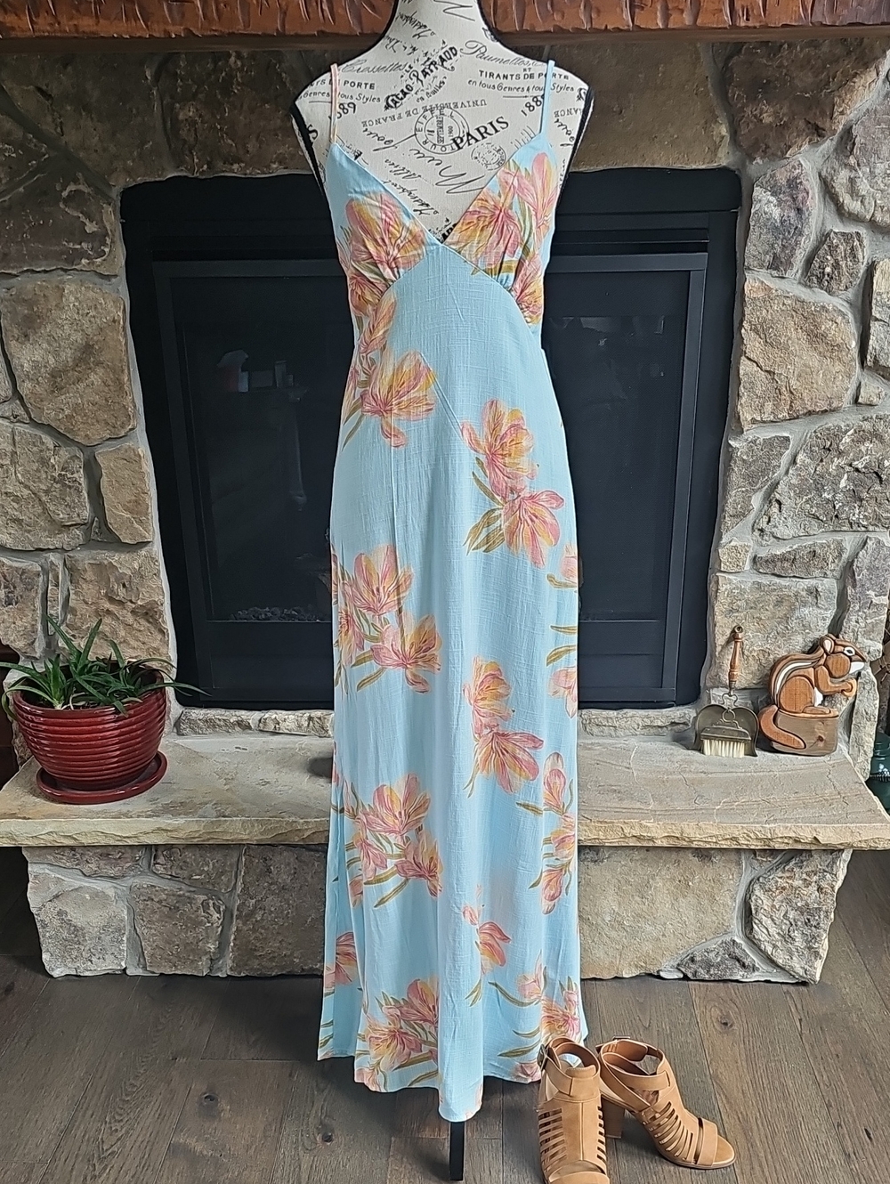 NWT Paper Heart Linen Blend Floral Maxi Dress Smocked Back Size Small